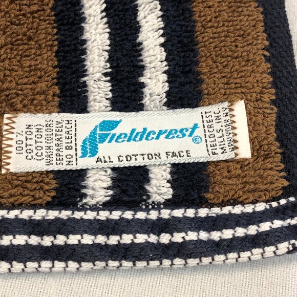 Vintage 70s FIELDCREST Set of 2 Hand Towel 16" x 25": Brown Navy White Stripes - Picture 4 of 10